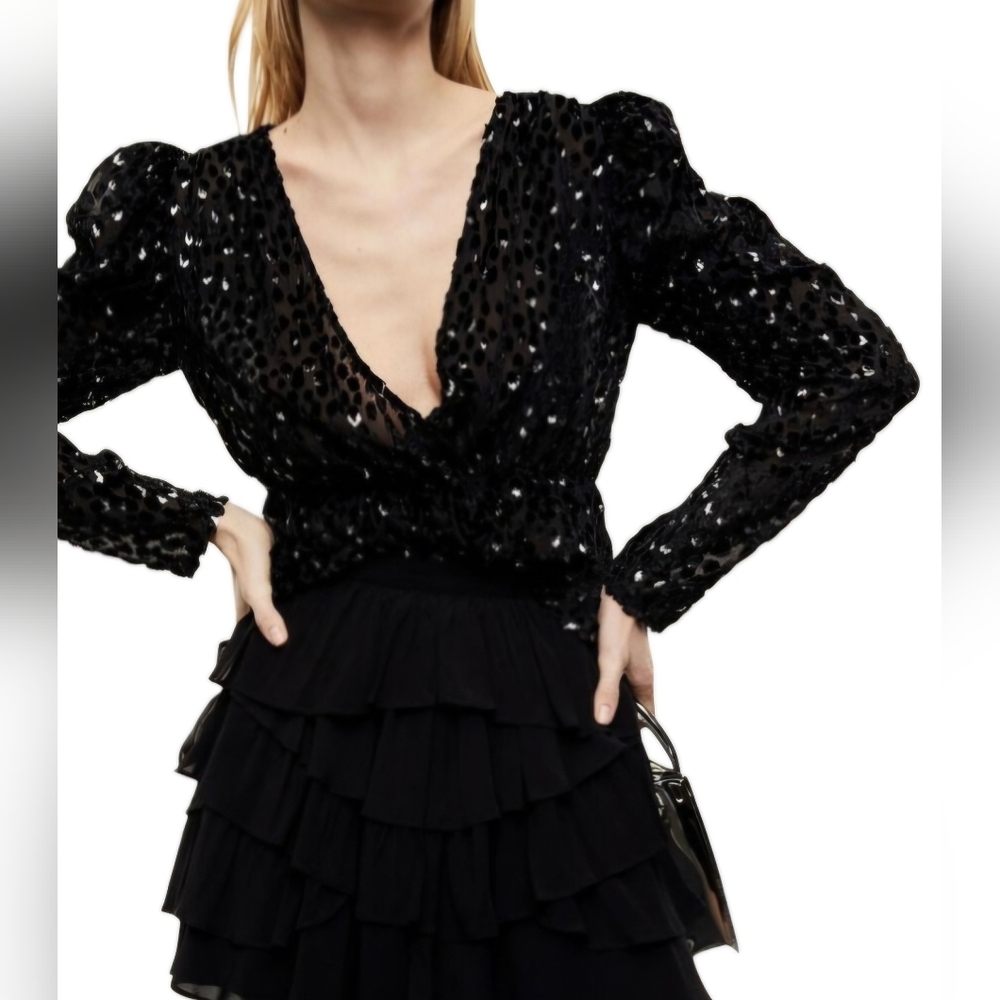 The Kooples Burnout Velvet/Tinsel Pepum Puff Shoulder Blouse